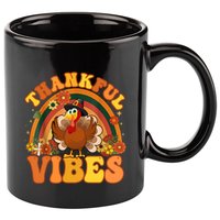 Retro Groovy Thankful Vibes Turkey Fall Thanksgiving Cute Gift 11oz C Handle Ceramic Mug
