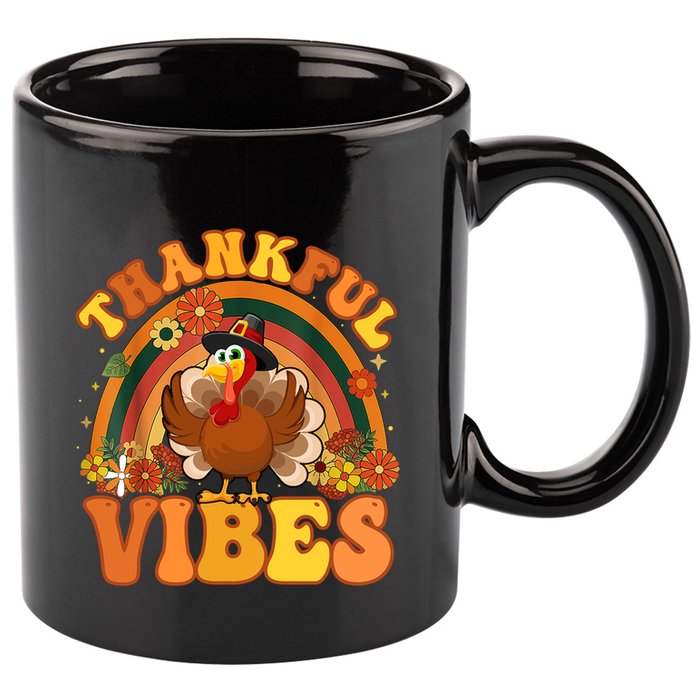 Retro Groovy Thankful Vibes Turkey Fall Thanksgiving Cute Gift 11oz C Handle Ceramic Mug