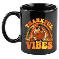Retro Groovy Thankful Vibes Turkey Fall Thanksgiving Cute Gift 11oz C Handle Ceramic Mug