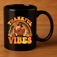 Retro Groovy Thankful Vibes Turkey Fall Thanksgiving Cute Gift 11oz C Handle Ceramic Mug