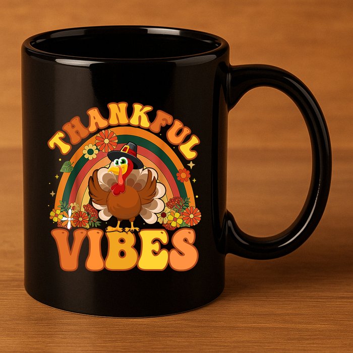 Retro Groovy Thankful Vibes Turkey Fall Thanksgiving Cute Gift 11oz C Handle Ceramic Mug