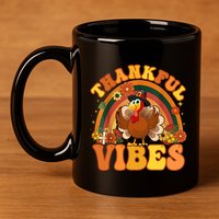 Retro Groovy Thankful Vibes Turkey Fall Thanksgiving Cute Gift 11oz C Handle Ceramic Mug