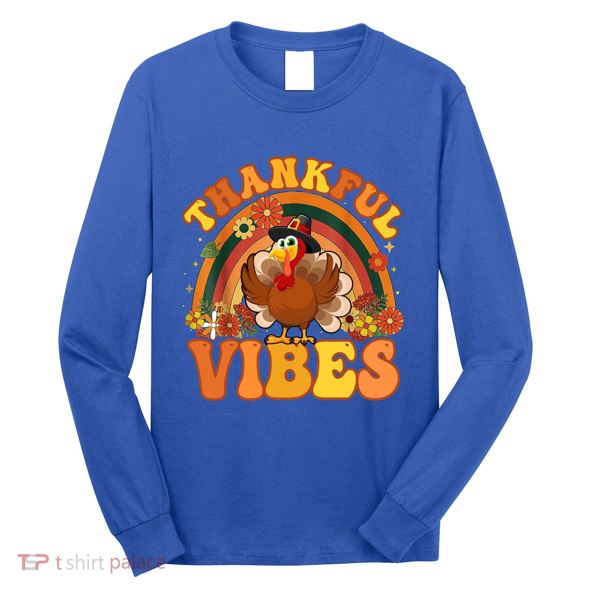 Retro Groovy Thankful Vibes Turkey Fall Thanksgiving Cute Gift Long Sleeve Shirt