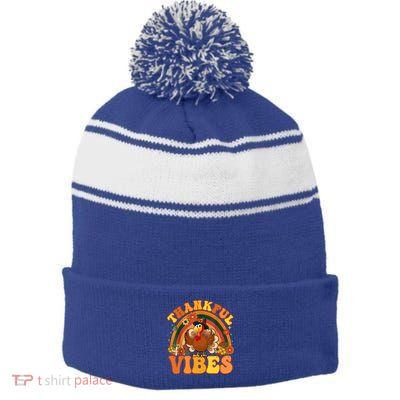 Retro Groovy Thankful Vibes Turkey Fall Thanksgiving Cute Gift Stripe Pom Pom Beanie
