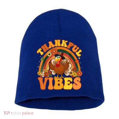 Retro Groovy Thankful Vibes Turkey Fall Thanksgiving Cute Gift Short Acrylic Beanie