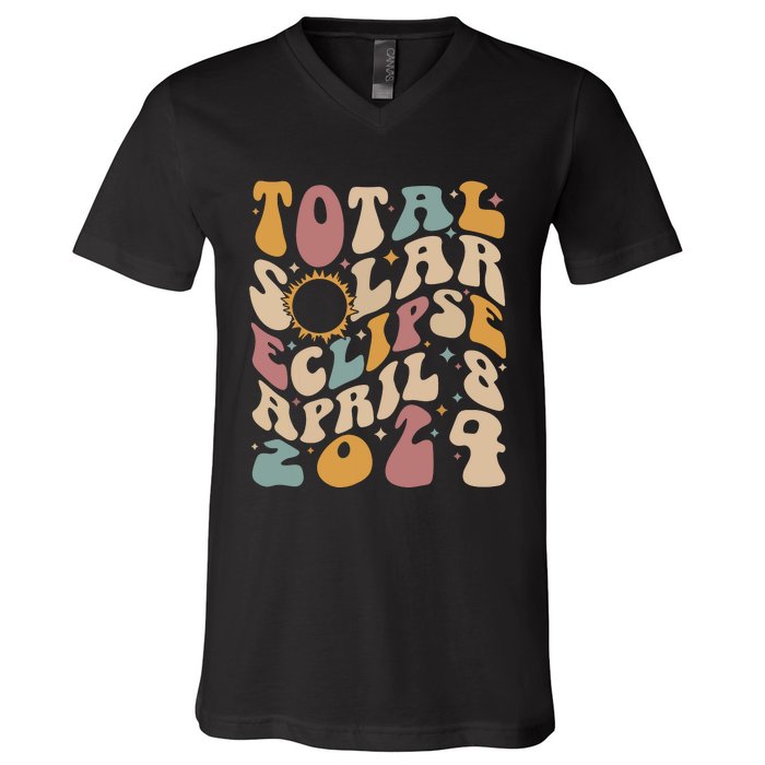 Retro Groovy Total Solar Eclipse Shirts April 08 2024 V-Neck T-Shirt