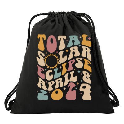 Retro Groovy Total Solar Eclipse Shirts April 08 2024 Drawstring Bag