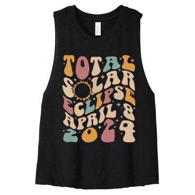 Retro Groovy Total Solar Eclipse Shirts April 08 2024 Women's Racerback Cropped Tank