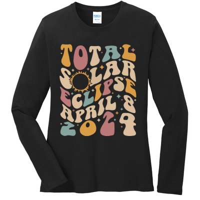 Retro Groovy Total Solar Eclipse Shirts April 08 2024 Ladies Long Sleeve Shirt