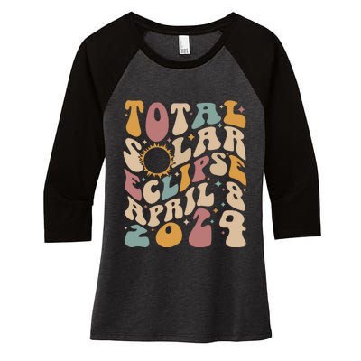 Retro Groovy Total Solar Eclipse Shirts April 08 2024 Women's Tri-Blend 3/4-Sleeve Raglan Shirt