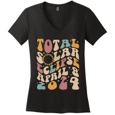 Retro Groovy Total Solar Eclipse Shirts April 08 2024 Women's V-Neck T-Shirt