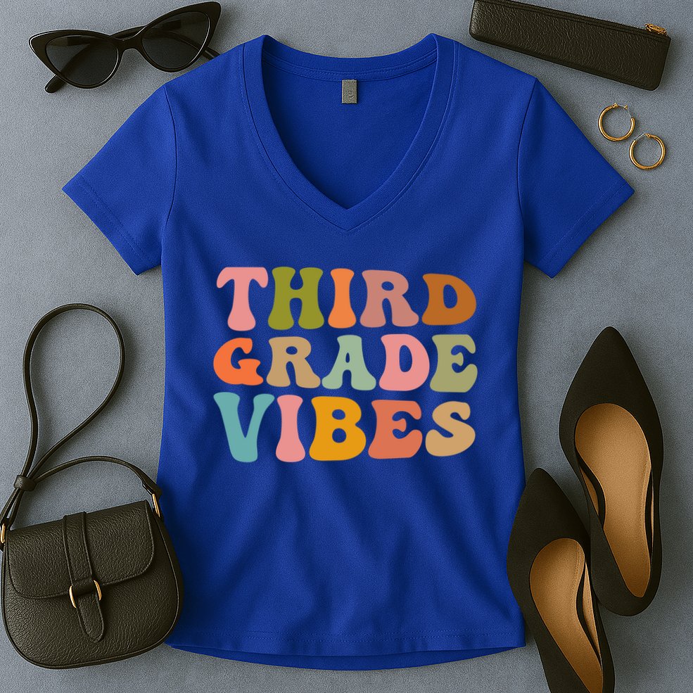 Retro Groovy Third Grade Vibes 3Rd Grade First Day Of School Gift Women's V-Neck T-Shirt