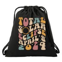 Retro Groovy Total Solar Eclipse April 08 2024 Drawstring Bag