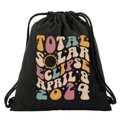 Retro Groovy Total Solar Eclipse April 08 2024 Drawstring Bag