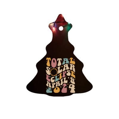 Retro Groovy Total Solar Eclipse April 08 2024 Ceramic Tree Ornament