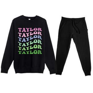 Retro Groovy T.AYLOR First Name Personalized Birthday Premium Crewneck Sweatsuit Set