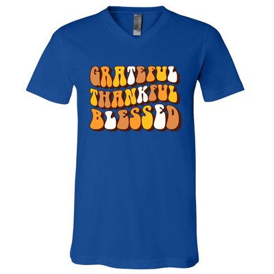 Retro Grateful Thankful Blessed Thanksgiving Gift Meaningful Gift V-Neck T-Shirt