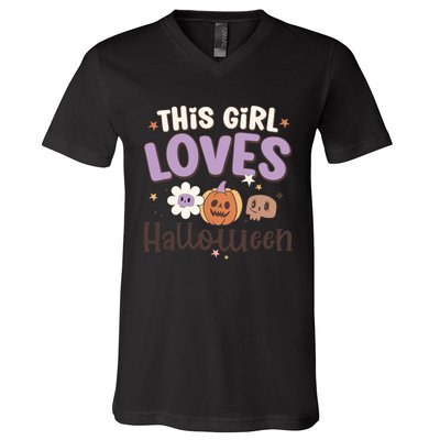 Retro Groovy This Girl Loves Halloween Gift V-Neck T-Shirt