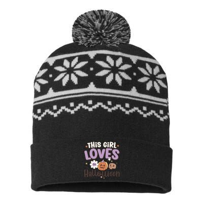 Retro Groovy This Girl Loves Halloween Gift USA-Made Snowflake Beanie