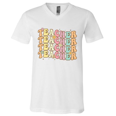 Retro Groovy Teacher Inspirational Colorful Back To School V-Neck T-Shirt