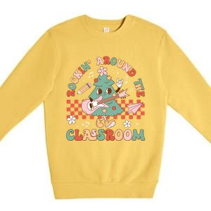 Retro Groovy Teacher Christmas Rockin Around The Classroom Gift Premium Crewneck Sweatshirt