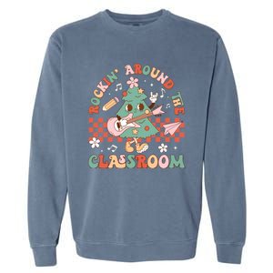 Retro Groovy Teacher Christmas Rockin Around The Classroom Gift Garment-Dyed Sweatshirt