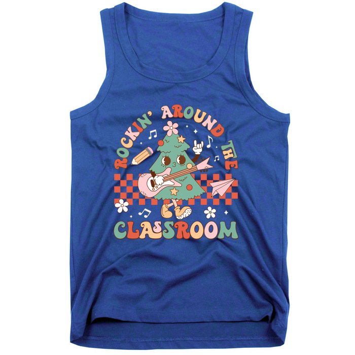 Retro Groovy Teacher Christmas Rockin Around The Classroom Gift Tank Top