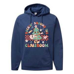 Retro Groovy Teacher Christmas Rockin Around The Classroom Gift Performance Fleece Hoodie