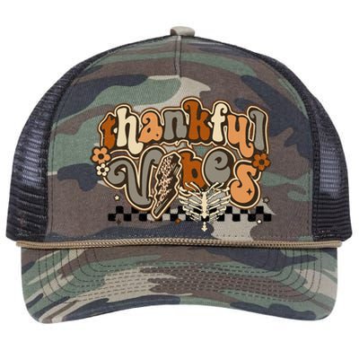 Retro Groovy Thankful Vibes Skeleton Fall Thanksgiving Gift Retro Rope Trucker Hat Cap