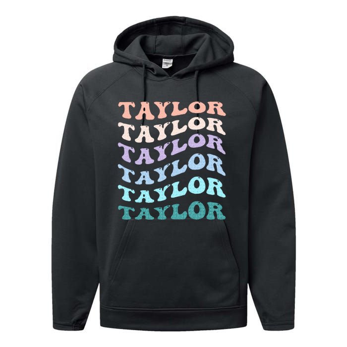 Retro Groovy T.AYLOR First Name Personalized Birthday Performance Fleece Hoodie