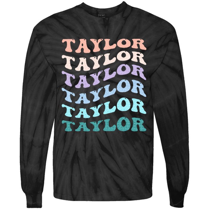 Retro Groovy T.AYLOR First Name Personalized Birthday Tie-Dye Long Sleeve Shirt