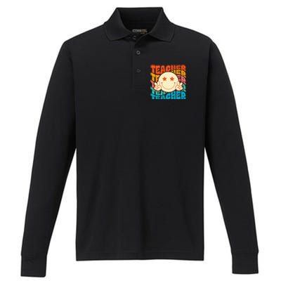 Retro Groovy Teacher Crew Smile Face Elementary School Performance Long Sleeve Polo