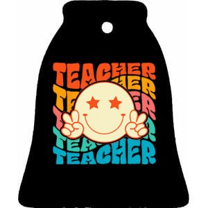 Retro Groovy Teacher Crew Smile Face Elementary School Ceramic Bell Ornament