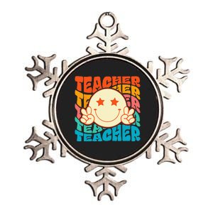 Retro Groovy Teacher Crew Smile Face Elementary School Metallic Star Ornament