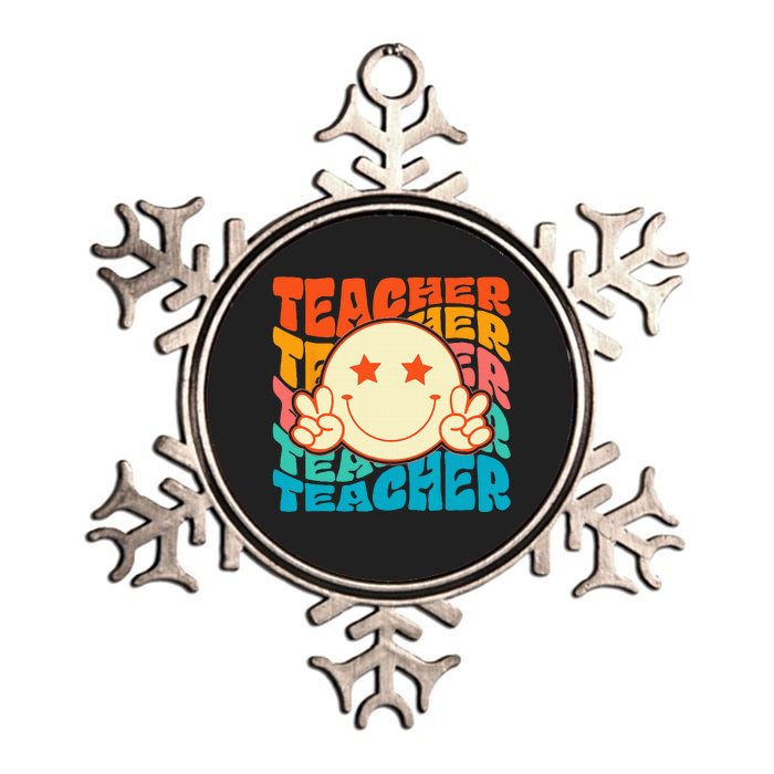 Retro Groovy Teacher Crew Smile Face Elementary School Metallic Star Ornament