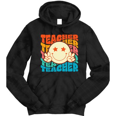 Retro Groovy Teacher Crew Smile Face Elementary School Tie Dye Hoodie