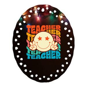 Retro Groovy Teacher Crew Smile Face Elementary School Ceramic Oval Ornament