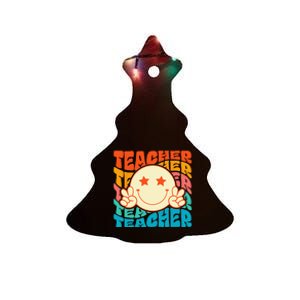 Retro Groovy Teacher Crew Smile Face Elementary School Ceramic Tree Ornament