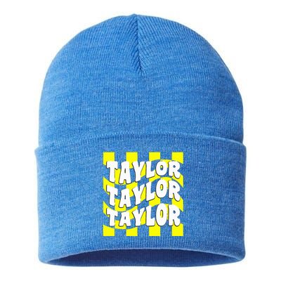 Retro Groovy T.AYLOR First Name Personalized Birthday Sustainable Knit Beanie