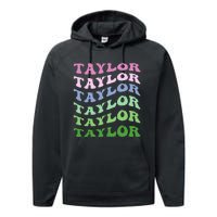 Retro Groovy T.AYLOR First Name Personalized Birthday Performance Fleece Hoodie