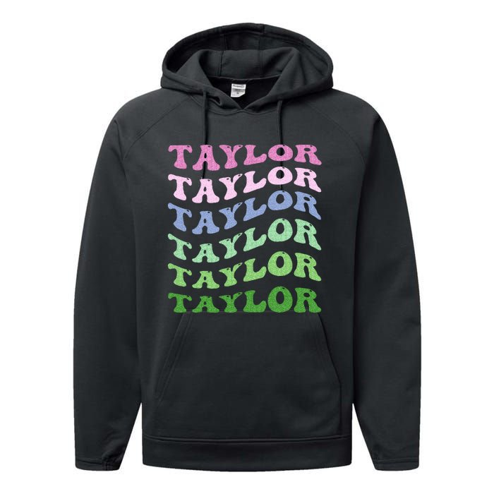 Retro Groovy T.AYLOR First Name Personalized Birthday Performance Fleece Hoodie