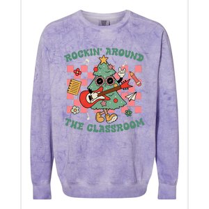 Retro Groovy Teacher Christmas Rockin Around The Classroom Colorblast Crewneck Sweatshirt