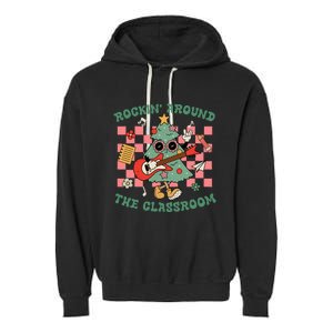 Retro Groovy Teacher Christmas Rockin Around The Classroom Garment-Dyed Fleece Hoodie