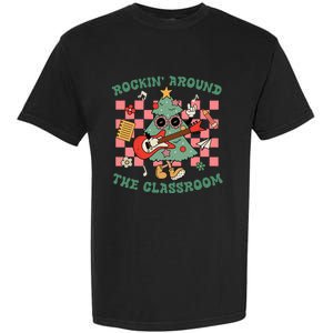 Retro Groovy Teacher Christmas Rockin Around The Classroom Garment-Dyed Heavyweight T-Shirt