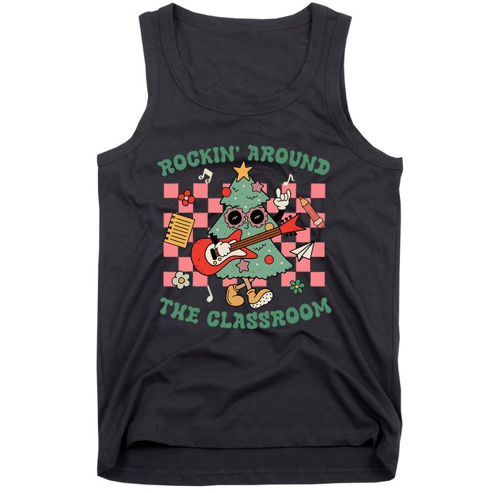 Retro Groovy Teacher Christmas Rockin Around The Classroom Tank Top