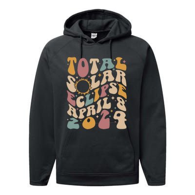 Retro Groovy Total Solar Eclipse April 08 2024 Performance Fleece Hoodie