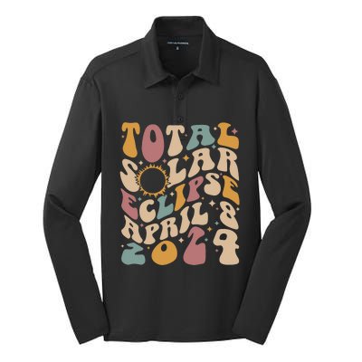 Retro Groovy Total Solar Eclipse April 08 2024 Silk Touch Performance Long Sleeve Polo