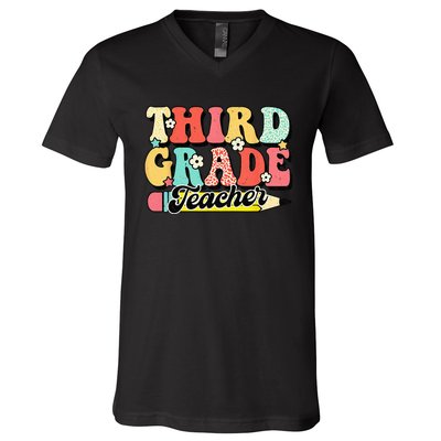 Retro Groovy Third Grade Teacher First Day 3rd Grade V-Neck T-Shirt