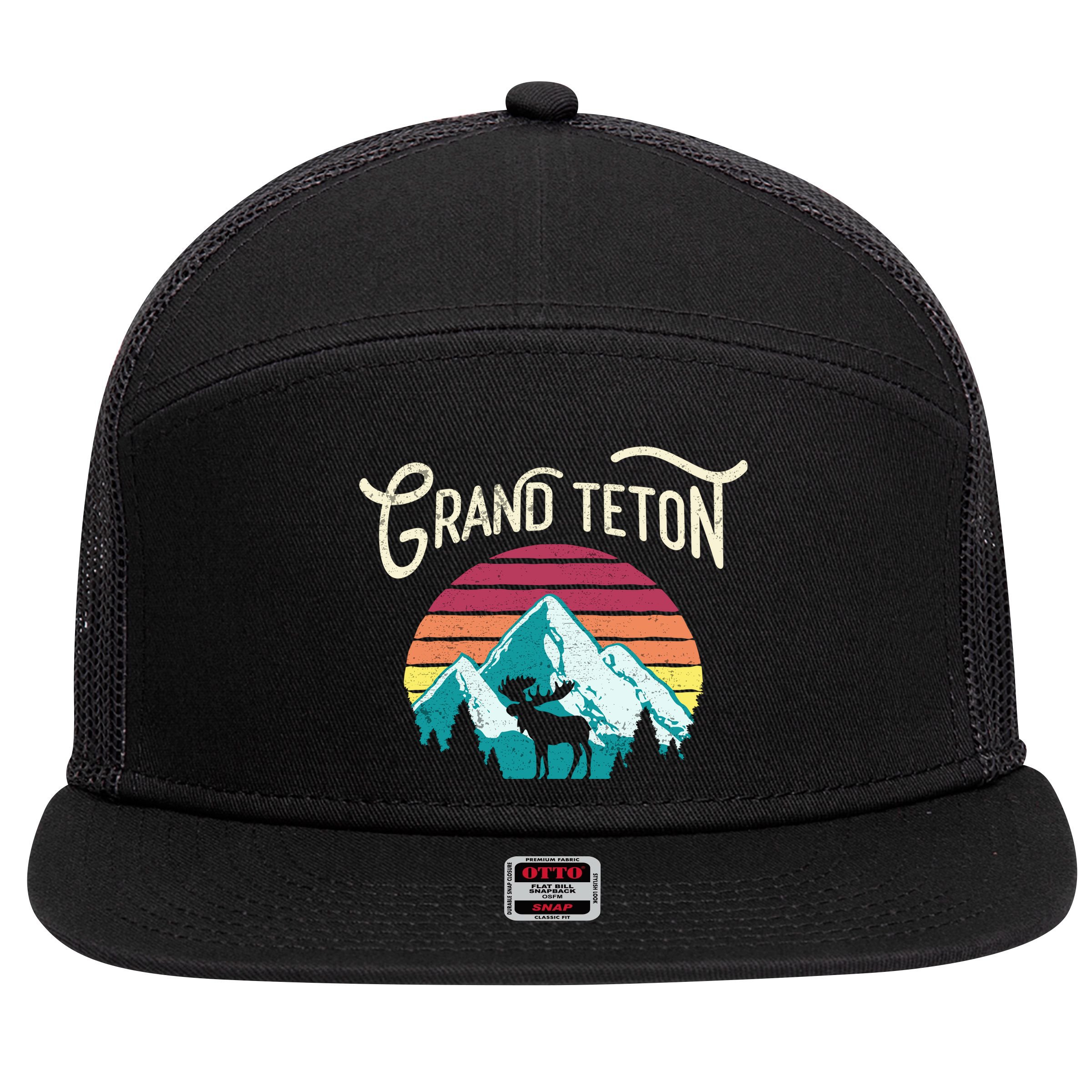 Retro Grand Teton National Park Wy Mountain State Cute Gift 7 Panel Mesh Trucker Snapback Hat