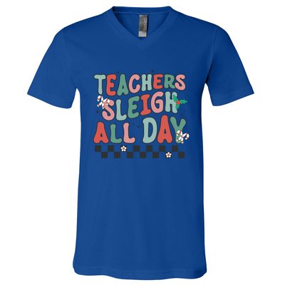 Retro Groovy Teacher Sleigh All Day Christmas Teacher Funny Gift Great Gift V-Neck T-Shirt